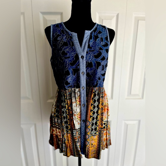 Unique Denim Embroidered Button Down + Silk Multi-Patterned Tunic **Size M** - Picture 1 of 6